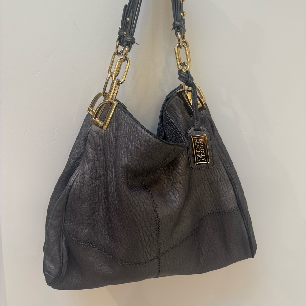 Badgley Mischka Silver/gray Hobo  leather bag with gold accents